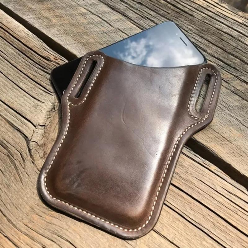 "Elegant retro mobiltelefonhölster i svart PU-läder för herr, med bältesklämma och universell passform för smartphones."