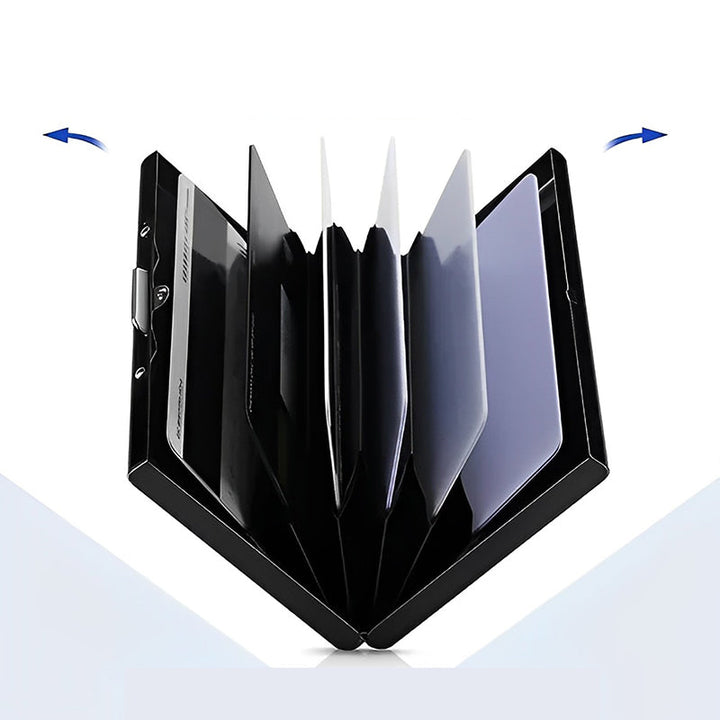 "Elegant RFID korthållare i rostfritt stål, rymmer 6 kort, lämplig för både män och kvinnor, skyddar mot obehörig skanning."