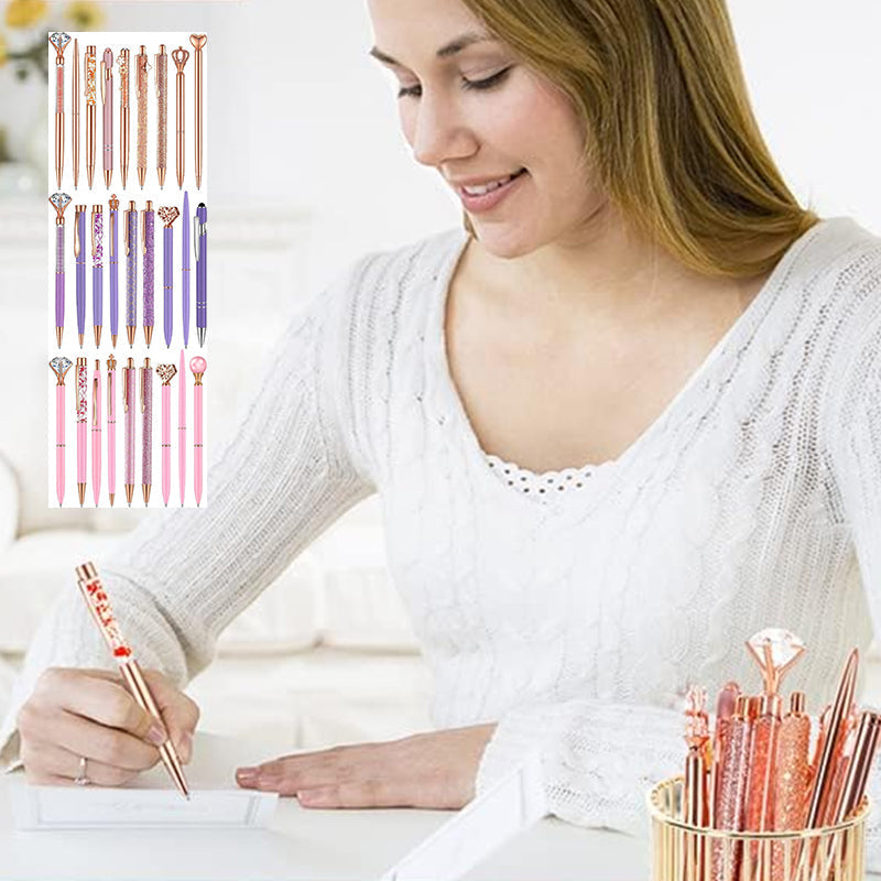 "Elegant rosa och blå diamant kulspetspenna set med metallisk lyster, perfekt för stilfullt skrivande och unika presenter."