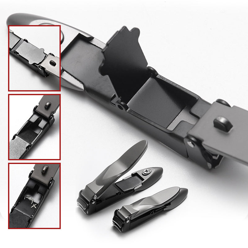 "Elegant rostfri nagelklippare med rakskarpa blad och självrengörande funktion, kompakt och stilren design."