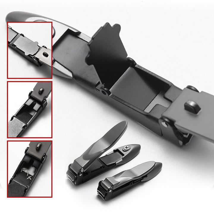 "Elegant rostfri nagelklippare med rakskarpa blad och självrengörande funktion, kompakt och stilren design."