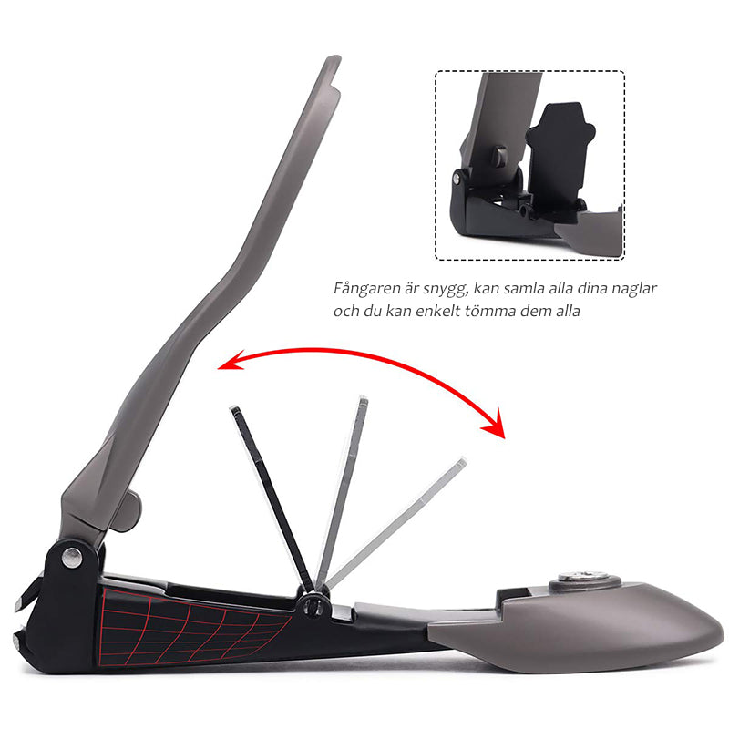 "Elegant rostfri nagelklippare med rakskarpa blad och självrengörande funktion, kompakt och stilren design."