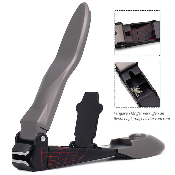 "Elegant rostfri nagelklippare med rakskarpa blad och självrengörande funktion, kompakt och stilren design."