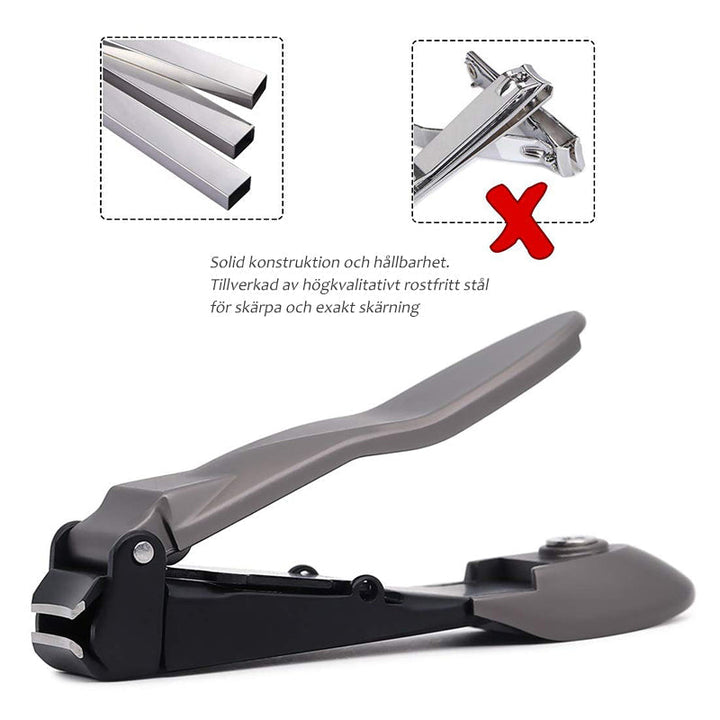 "Elegant rostfri nagelklippare med rakskarpa blad och självrengörande funktion, kompakt och stilren design."