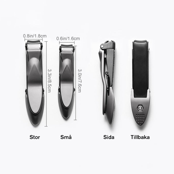 "Elegant rostfri nagelklippare med rakskarpa blad och självrengörande funktion, kompakt och stilren design."