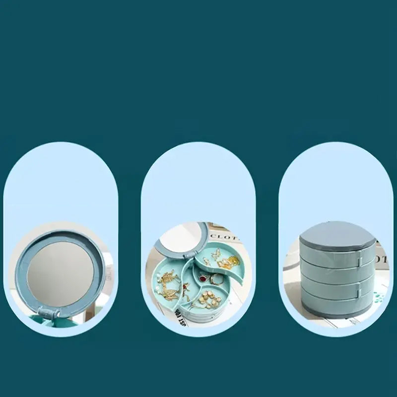 "Elegant roterande smyckesskrin med flera lager, spegel och LED-belysning för smidig och lyxig smyckesförvaring."