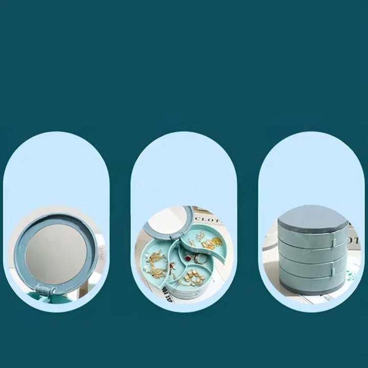 "Elegant roterande smyckesskrin med flera lager, spegel och LED-belysning för smidig och lyxig smyckesförvaring."