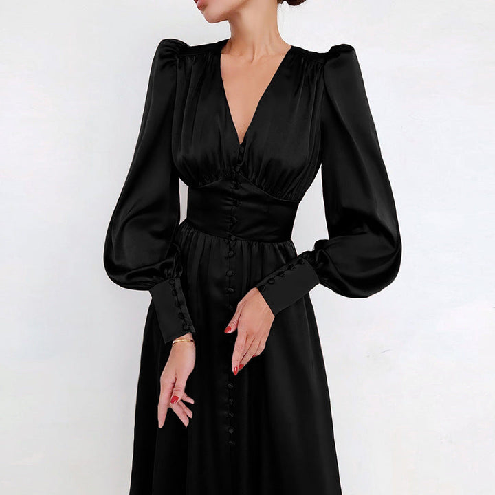 Klassisk svart satinklänning, elegant damklänning i polyester för alla tillfällen.