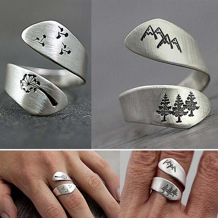 "Elegant silver Nature Art ring med justerbar design, med maskros och fjällmotiv, för män och kvinnor."