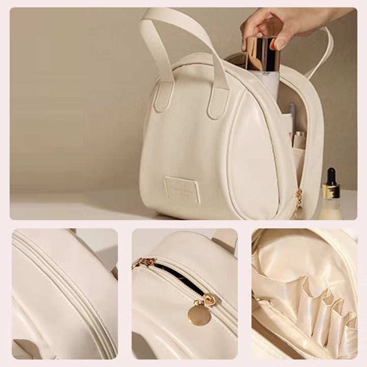 "Elegant skalformad dam kosmetikväska i PU-läder med flera lager, brun färg, optimal förvaring för resor och vardag."