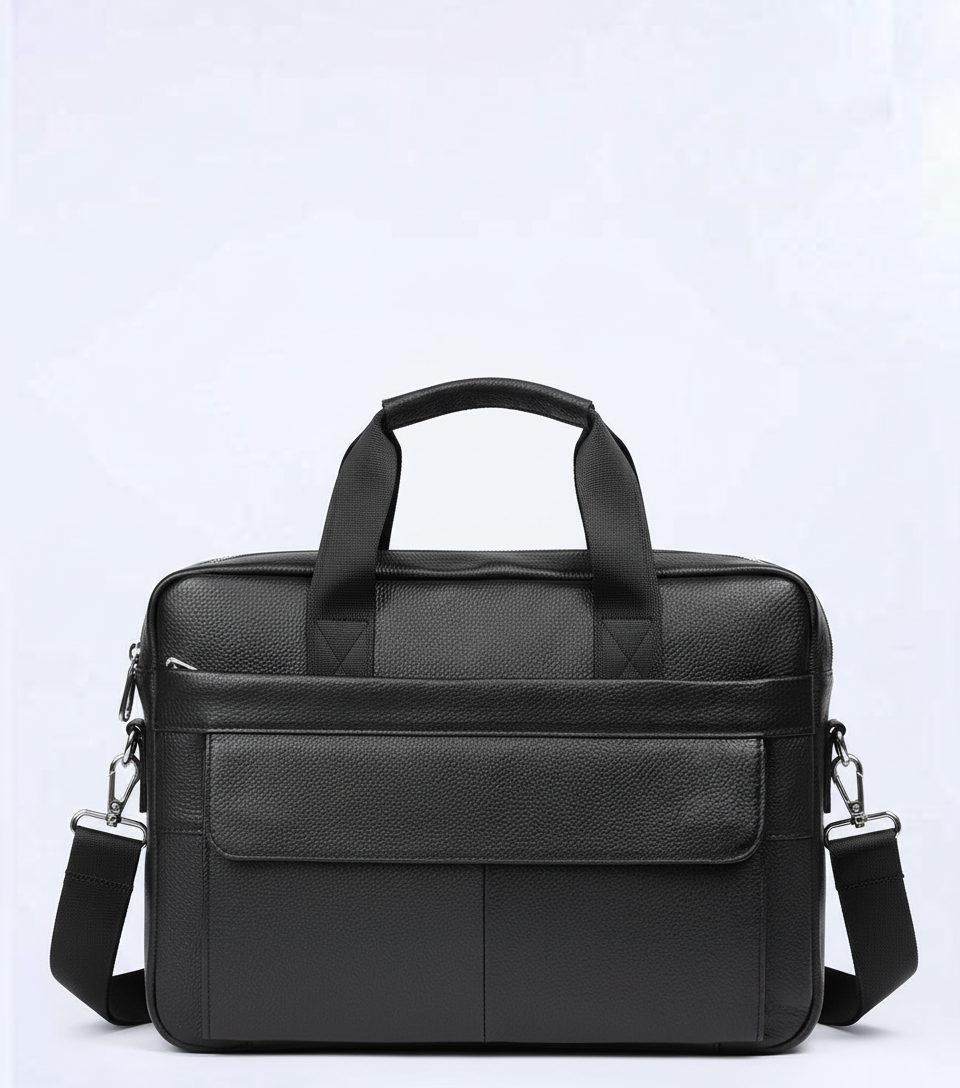 Professionell laptopväska i äkta läder. Elegant dokumentväska med axelrem för kontor och affärsmöten.