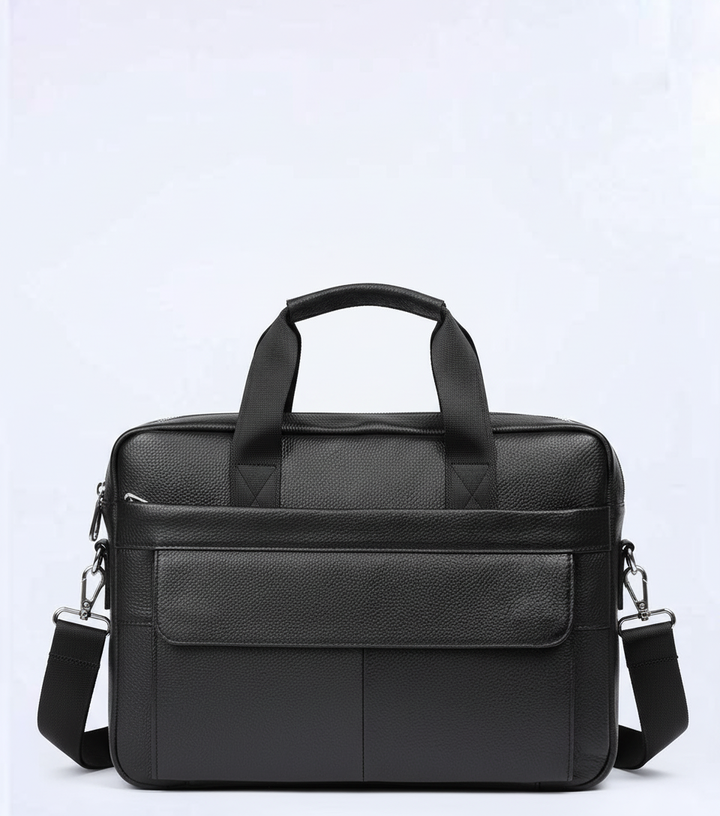 Professionell laptopväska i äkta läder. Elegant dokumentväska med axelrem för kontor och affärsmöten.