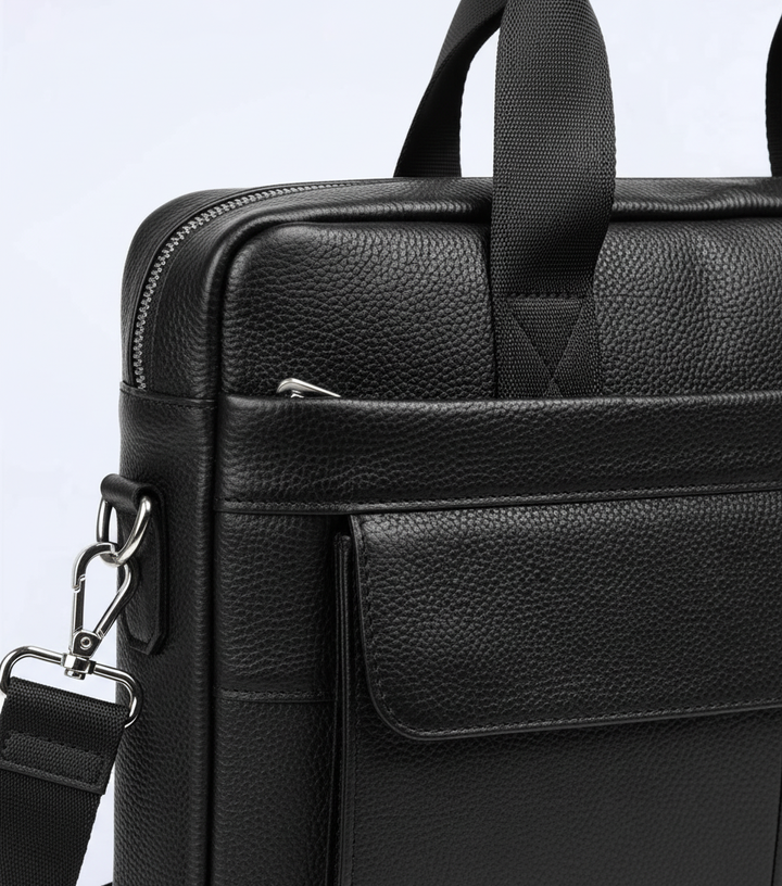 Högkvalitativ läderportfölj för arbetslivet. Rymlig design för laptop, dokument och professionell användning.