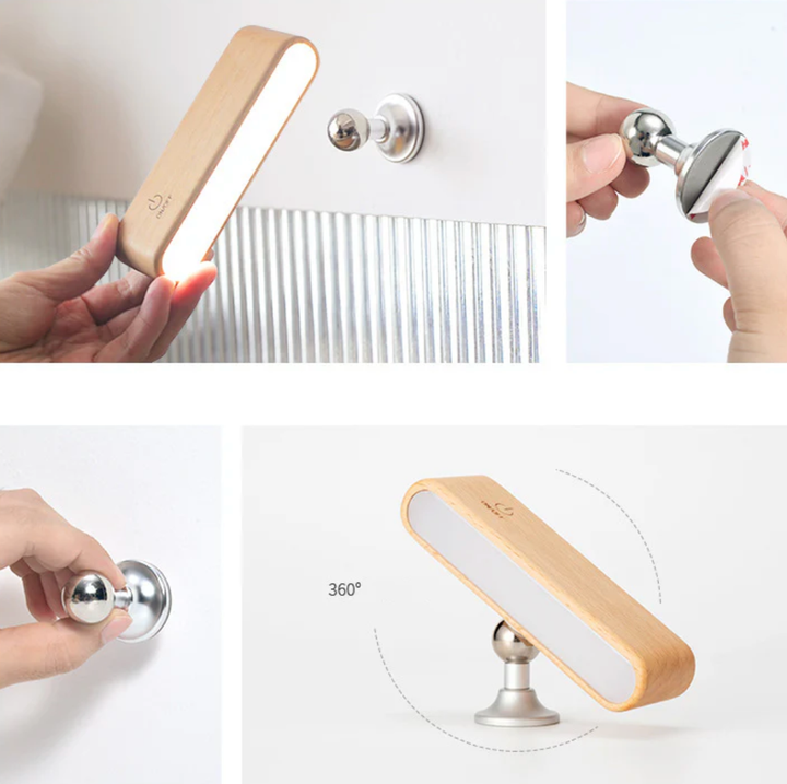 Högkvalitativ trälampa med modern design, borrfri fästanordning och magnetisk kraftöverföring.