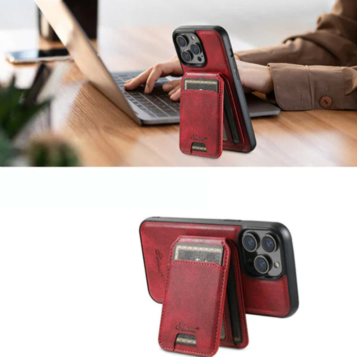 "Elegant smartphonefodral i svart PU-läder med integrerad korthållare och magnetiskt stativ för praktiskt användande."