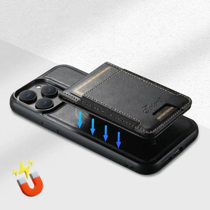 "Elegant smartphonefodral i svart PU-läder med integrerad korthållare och magnetiskt stativ för praktiskt användande."