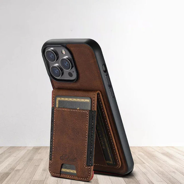 "Elegant smartphonefodral i svart PU-läder med integrerad korthållare och magnetiskt stativ för praktiskt användande."