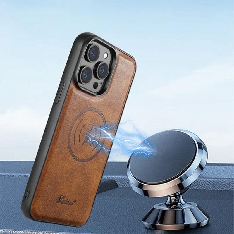 "Elegant smartphonefodral i svart PU-läder med integrerad korthållare och magnetiskt stativ för praktiskt användande."