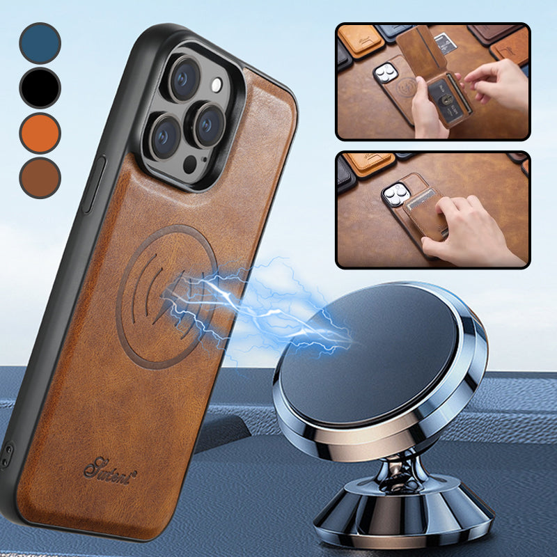 "Elegant smartphonefodral i svart PU-läder med integrerad korthållare och magnetiskt stativ för praktiskt användande."