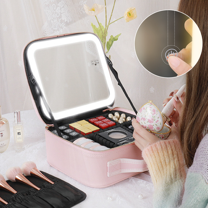 "Elegant sminkväska med LED-spegel, rosa, svart eller vit, PU-material, justerbara fack och borsthållare, perfekt för resa."