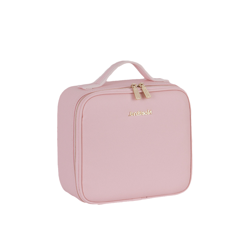 "Elegant sminkväska med LED-spegel, rosa, svart eller vit, PU-material, justerbara fack och borsthållare, perfekt för resa."