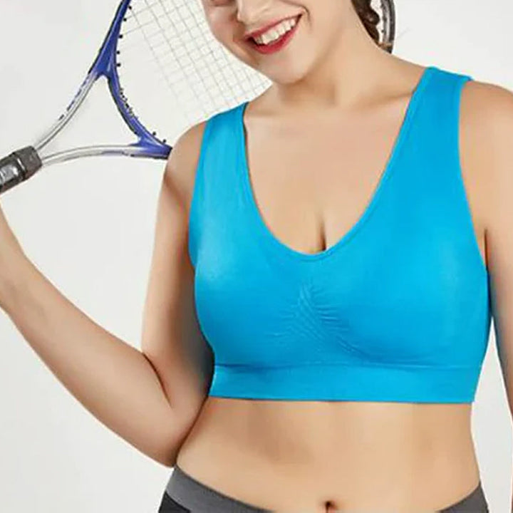 "Elegant sport-bh för kvinnor, frontvy. Ergonomisk design i slitstarkt nylon, perfekt för alla träningsformer."