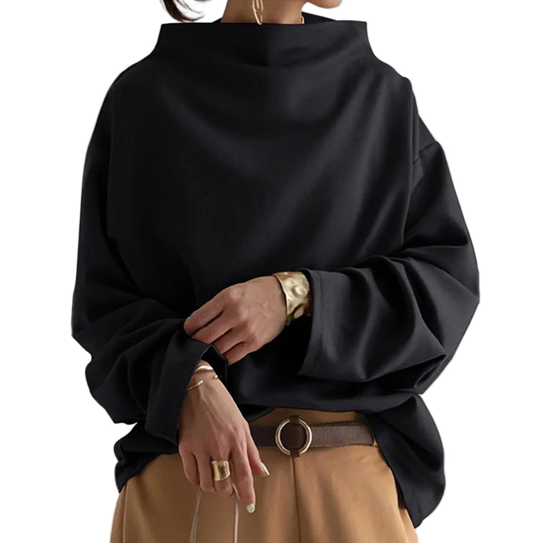 Elegant stickad, höghalsad långärmad topp för kvinnor i en lyxig mörkblå nyans, perfekt för kontoret.