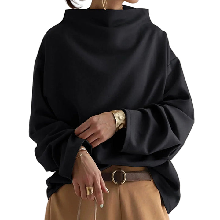 Elegant stickad, höghalsad långärmad topp för kvinnor i en lyxig mörkblå nyans, perfekt för kontoret.