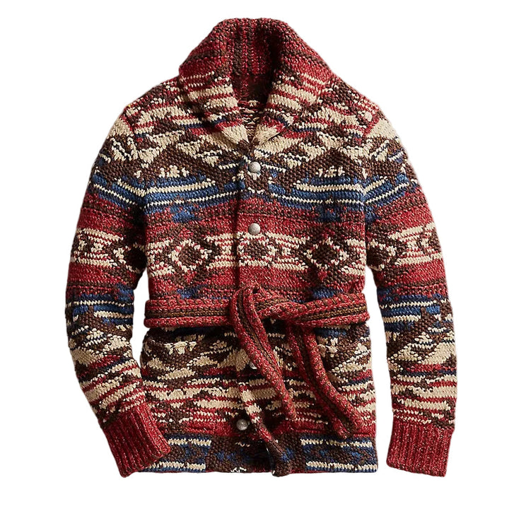 Elegant stickad kofta för dam med bälte, inspirerad av vintage, perfekt för höst och vintermode.
