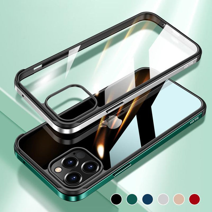 "Elegant stötsäkert iPhone 12-fodral med metallram, transparent design, skydd mot fall och stötar, hållbar och stilren"