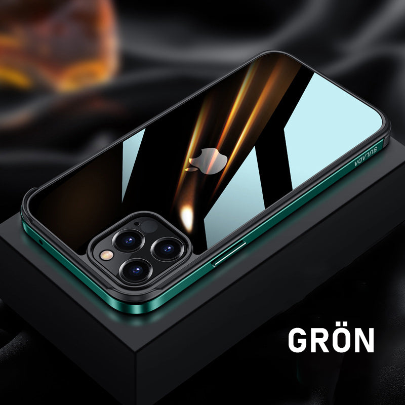 "Elegant stötsäkert iPhone 12-fodral med metallram, transparent design, skydd mot fall och stötar, hållbar och stilren"