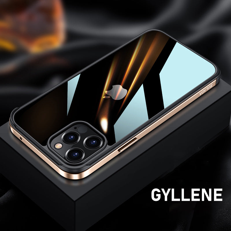 "Elegant stötsäkert iPhone 12-fodral med metallram, transparent design, skydd mot fall och stötar, hållbar och stilren"