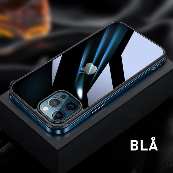 "Elegant stötsäkert iPhone 12-fodral med metallram, transparent design, skydd mot fall och stötar, hållbar och stilren"