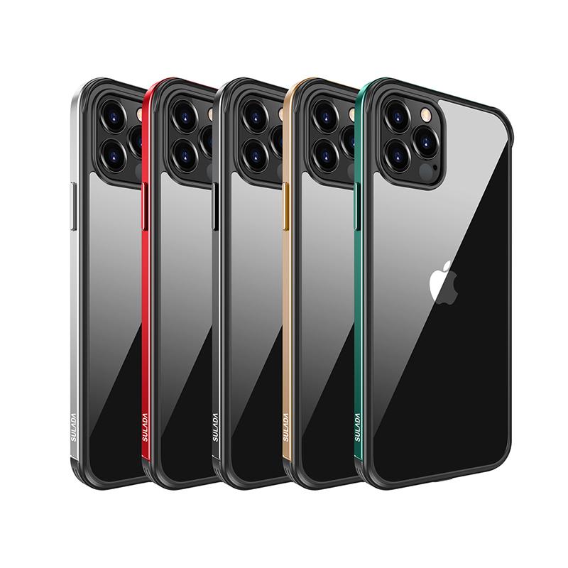"Elegant stötsäkert iPhone 12-fodral med metallram, transparent design, skydd mot fall och stötar, hållbar och stilren"