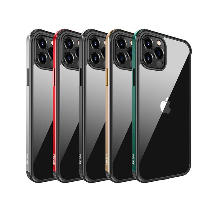 "Elegant stötsäkert iPhone 12-fodral med metallram, transparent design, skydd mot fall och stötar, hållbar och stilren"