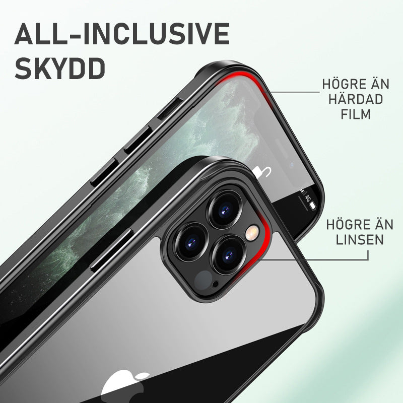 "Elegant stötsäkert iPhone 12-fodral med metallram, transparent design, skydd mot fall och stötar, hållbar och stilren"