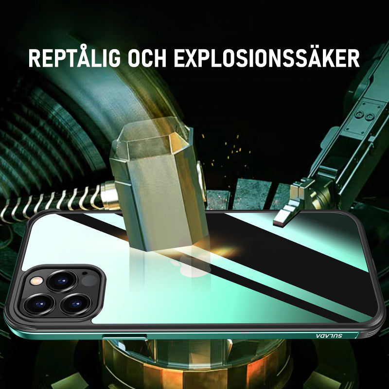 "Elegant stötsäkert iPhone 12-fodral med metallram, transparent design, skydd mot fall och stötar, hållbar och stilren"