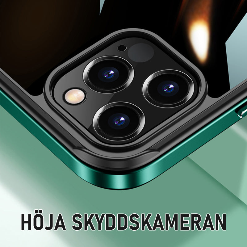 "Elegant stötsäkert iPhone 12-fodral med metallram, transparent design, skydd mot fall och stötar, hållbar och stilren"