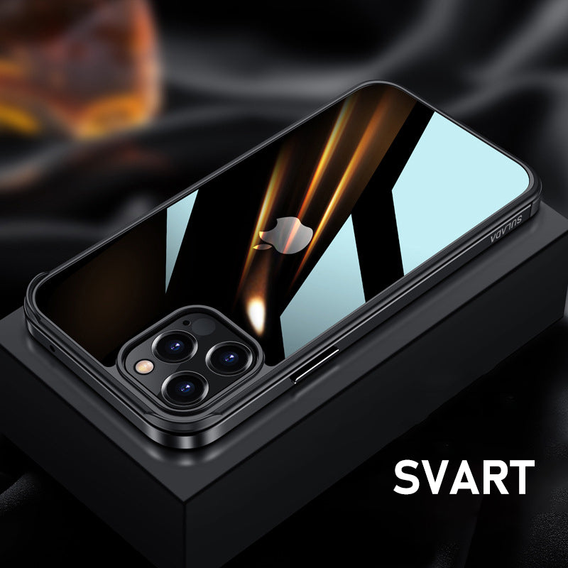 "Elegant stötsäkert iPhone 12-fodral med metallram, transparent design, skydd mot fall och stötar, hållbar och stilren"