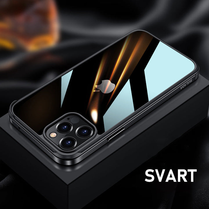 "Elegant stötsäkert iPhone 12-fodral med metallram, transparent design, skydd mot fall och stötar, hållbar och stilren"