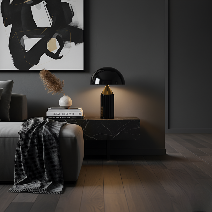 Touchkontrollerad LED-bordslampa i svampdesign, justerbart ljus för mysbelysning och stilren inredning.