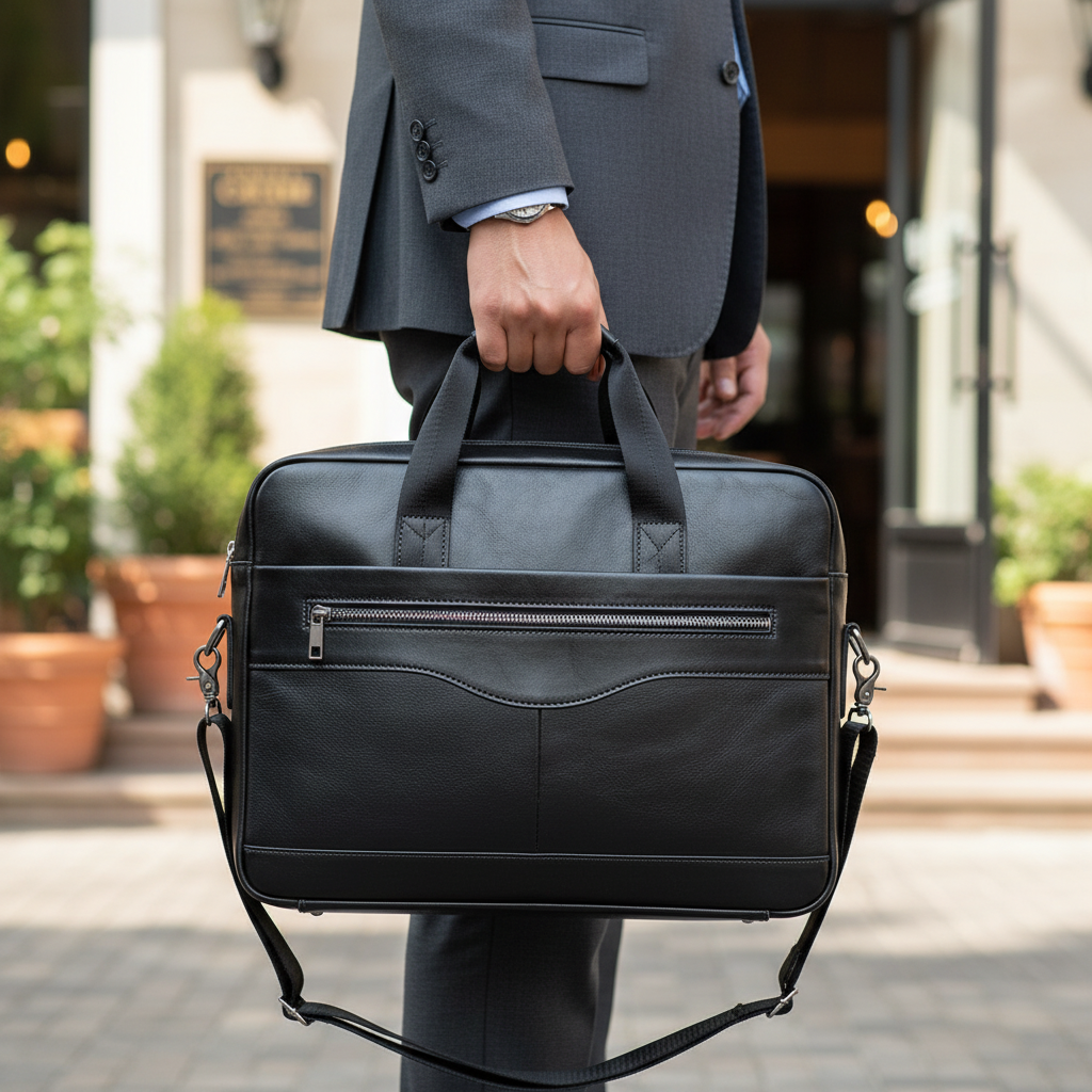 Elegant svart läder laptopväska med axelrem, perfekt för arbete och affärsresor.