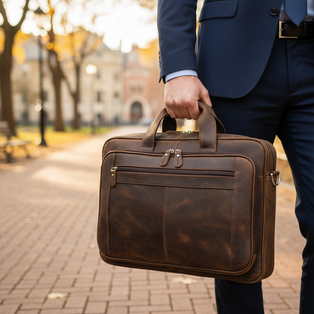 Elegant svart läder laptopväska. Professionell axelväska med rymligt fack för bärbar dator och dokument; idealisk för kontor.