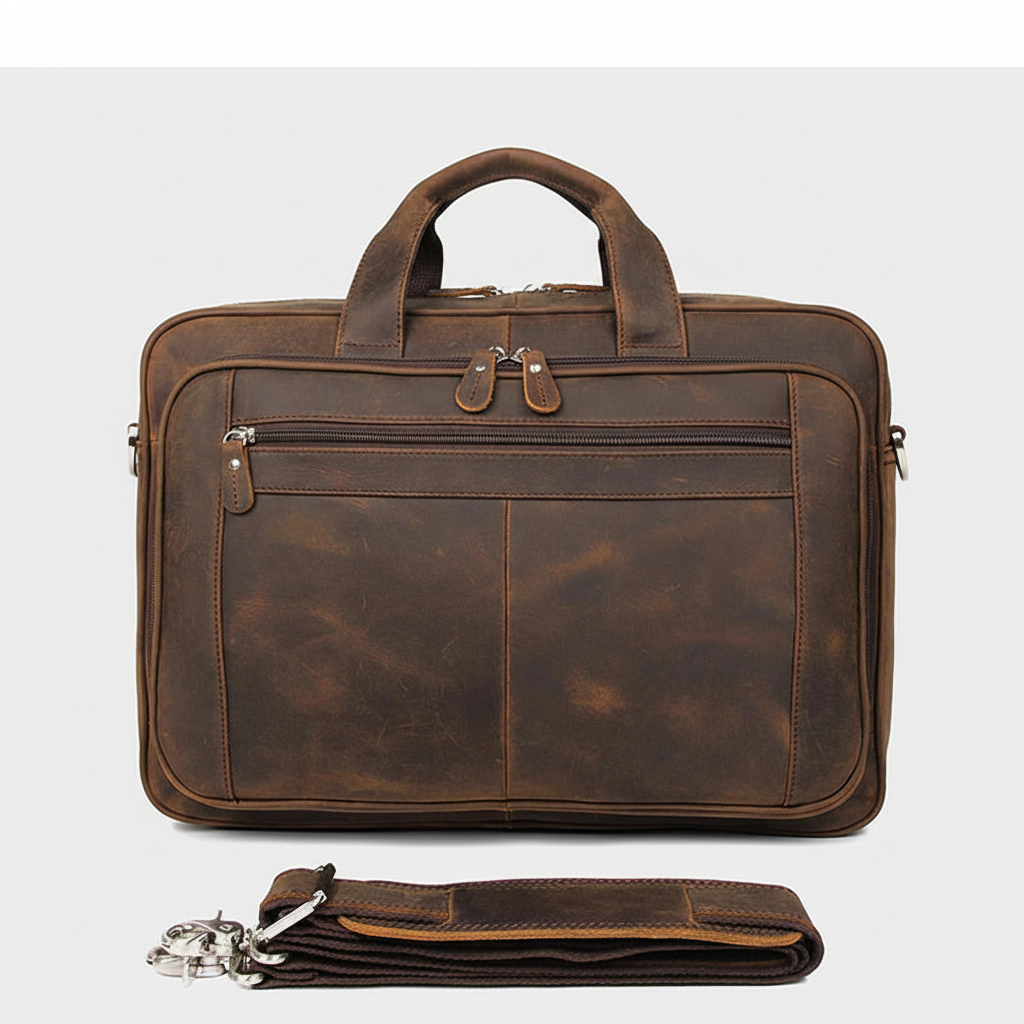 Rymlig, organiserad läderportfölj och arbetsväska. Perfekt för laptop, dokument och affärsresor; inkluderar axelrem.