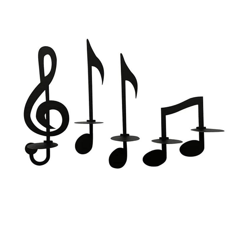 "Elegant svart metall väggmonterad musiknot ljusstake; kombinerar musikinspirerad design med stilfull dekoration."