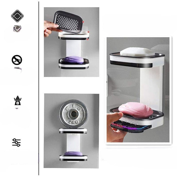 "Elegant svart och grå tvålkopp med avtappningsbricka, stilren design, glansig bakgrund, perfekt för badrumshylla."