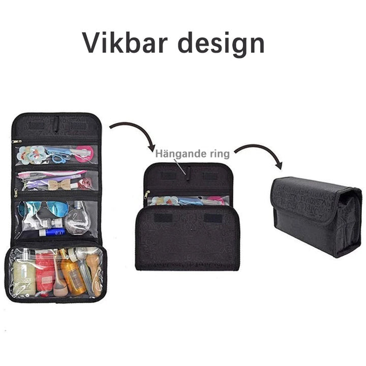 "Elegant svart och röd sminkväska för resenärer med vikbar design och slitstarkt tyg för optimal organisation och transport."