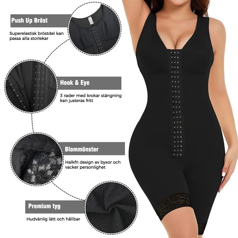 "Elegant svart one-piece shapewear bodysuit för kvinnor, erbjuder kroppsskulptering och öppen gren design för bekvämlighet."
