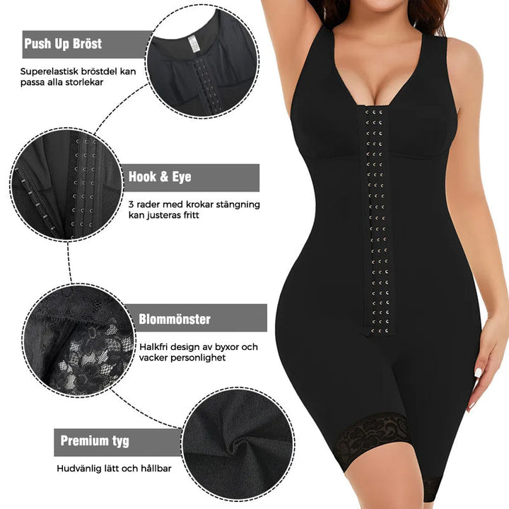 "Elegant svart one-piece shapewear bodysuit för kvinnor, erbjuder kroppsskulptering och öppen gren design för bekvämlighet."