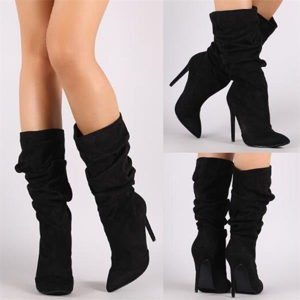 Svart stiletto stövel, kvinnors festskor med mellanhög klack för en sofistikerad och modern look.
